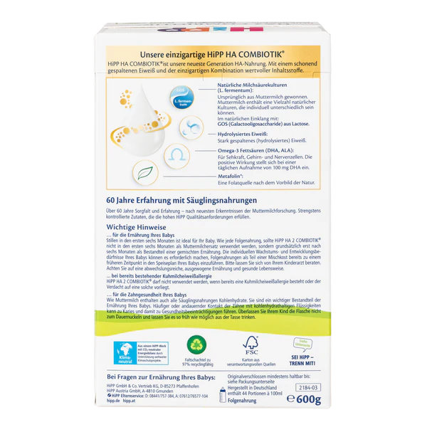 HiPP HA Germany Hypoallergenic Stage 2 Combiotic Follow-On Infant Milk Formula 6+ months • 600g - OnlyFormula 2